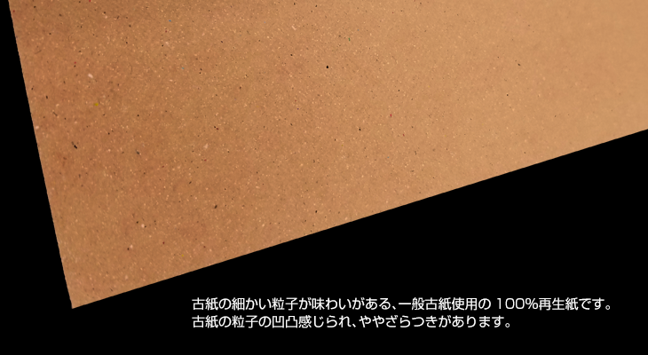 古紙の細かい粒子が味わいがある、一般古紙使用の100％再生紙です。古紙の粒子が感じられる、ややざらつきがある用紙です。