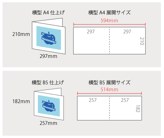 横型２つ折りリーフレットのサイズ